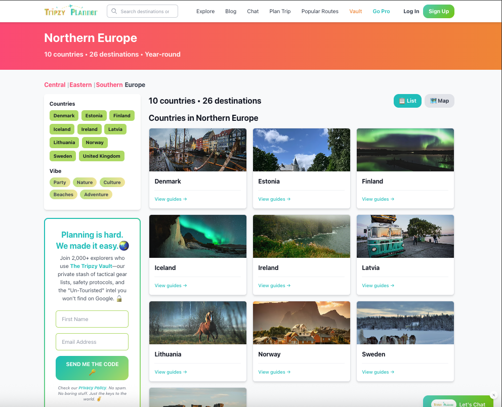 Homepage of the Tripzy Planner website
